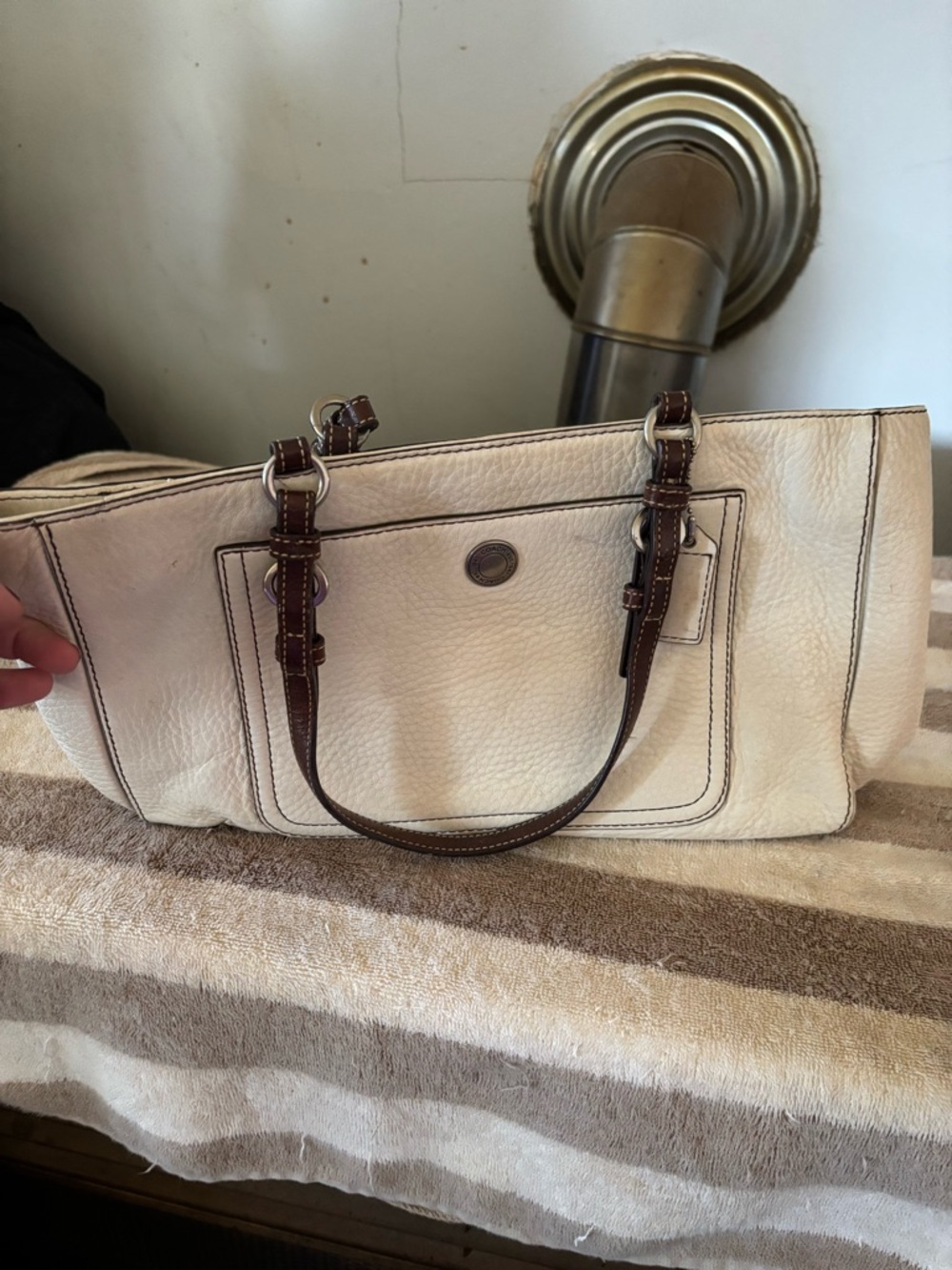 Coach Cream Shoulder Tote with Brown Trim